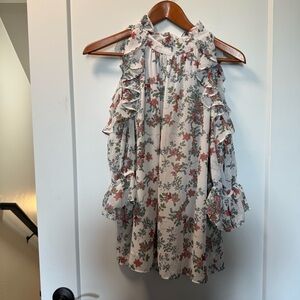 NWT Max Studio Cold Shoulder Chiffon Ruffle Coquette Floral White Pink‎ Top L